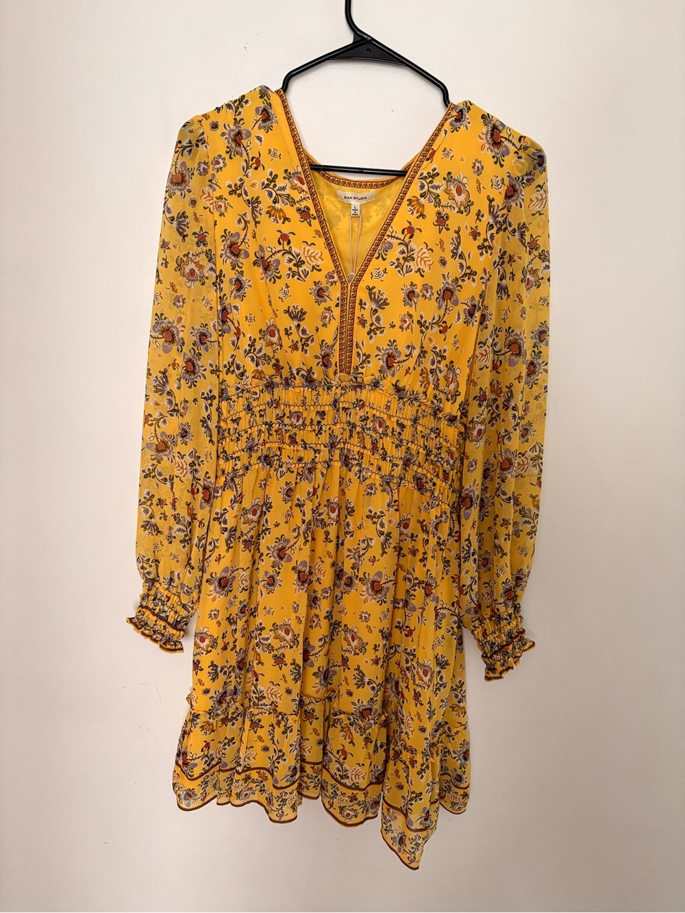 Max Studio Yellow Floral Long-Sleeve V-Neck Dress